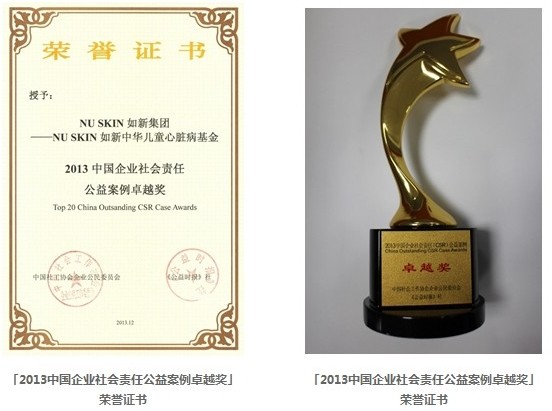 如新荣获「2013中国企业社会责任公益案例」卓越奖